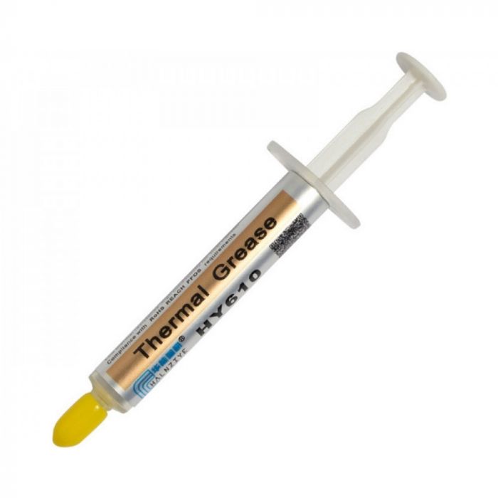 
					Паста термопровідна HY-610 2g, шприц, Gold,> 3,05W / m-K, <0.073 ° C-in² / W, -30 ° ≈280 °, В'язкість -1K cPs, OEM Q40
