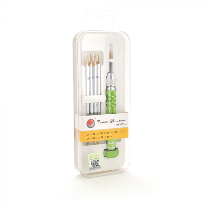 
					Набір викруток BAKKU BK-3315 (ручка + torx T2, torx T3, orx T4, torx T5, orx T6, хрест +1.2 мм, хрест +1.8 мм, Y-тип Y2.0 мм, п'ятипроменева зірочка 0.8), Box