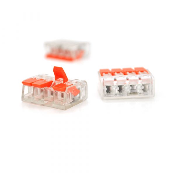 
					Клема з нажимними зажимами 4-дротова WAGO K221-414 для розподільчих коробок, 4-pin, прозоро-помаранчева