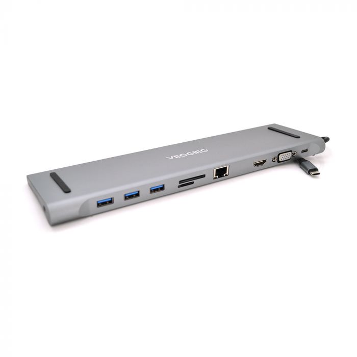 
					Хаб-конвертор VEGGIEG TC10 Type-C (тато) на Type-C (мама) + USB3.0 * 3 (мама) + HDMI (мама) + VGA (мама) + jack3.5 (мама) + SD / TF + RJ45, 10 см, Silver, Box