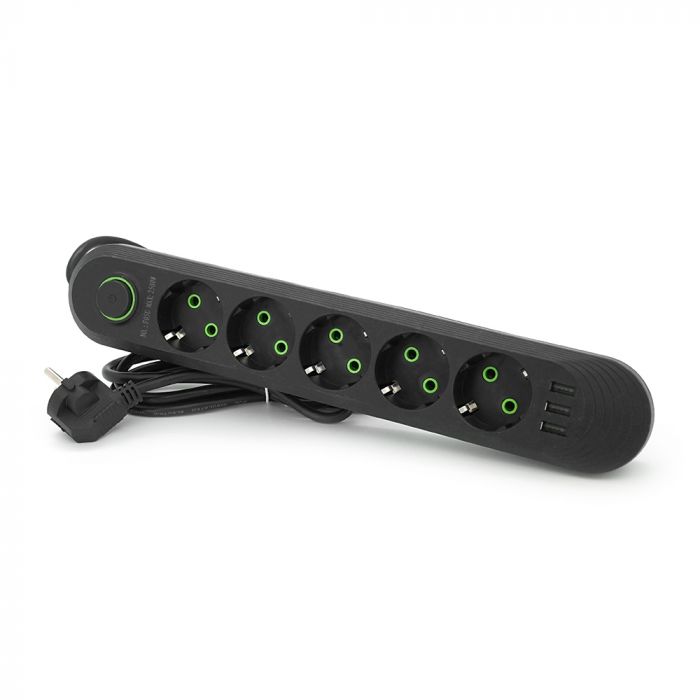 
					Мережевий фільтр F05U, 5 розеток EU + 3 USB, 1.5 м, перетин 3х0, 75мм, 2500W, Black, Box