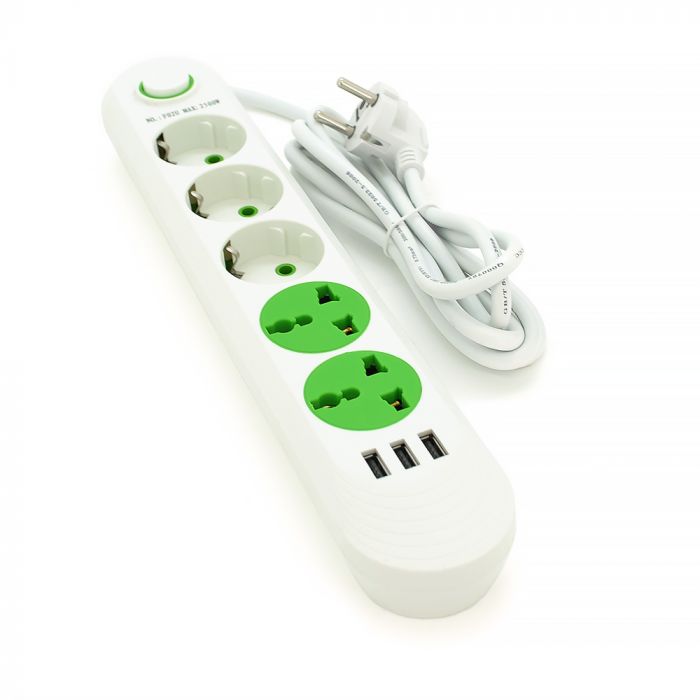 
					Мережевий фільтр F02U, 3 розетки EU + 2 розетки Universal + 3 USB, 1.5 м, перетин 3х0, 75мм, 2500W, White, Box