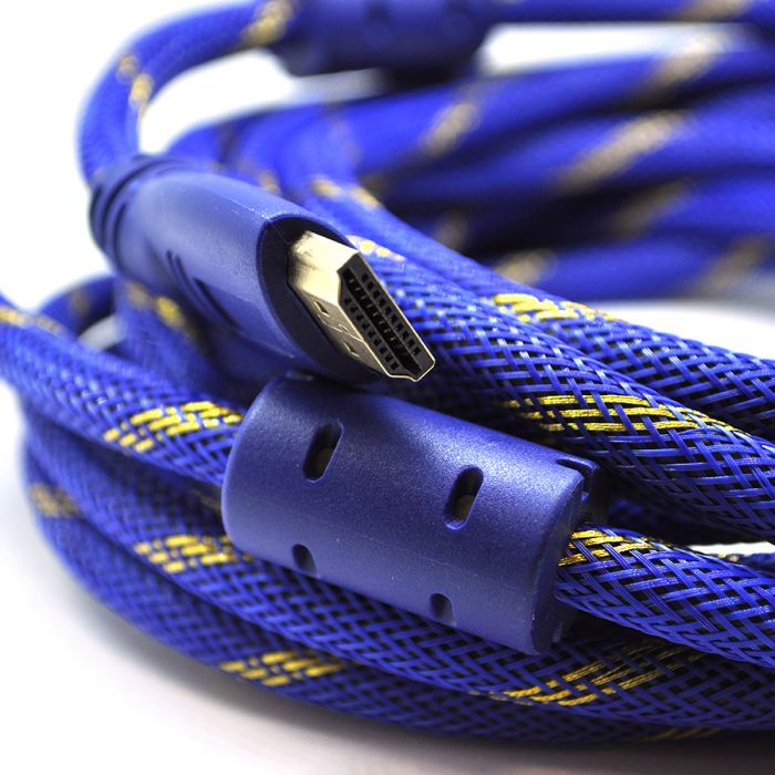 
					Кабель HDMI-HDMI 10m, v1.4, OD-8.0mm, 2 фільтра, обплетення, круглий Blue / Gold, коннектор Blue-yellow, (Пакет) Q50