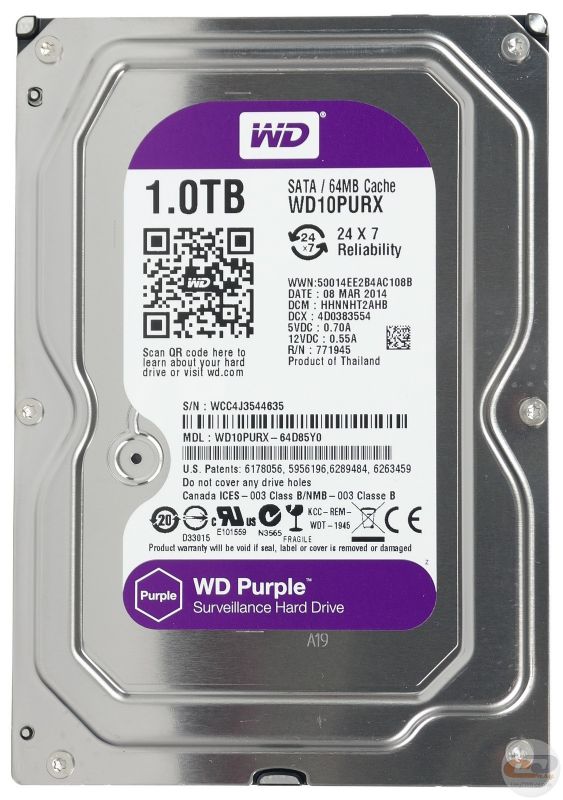 
					Жорсткий диск 3.5 "WD10PURX, 1 ТБ, SATA 6 Гб / с, IntelliPower, кеш 64 МБ.