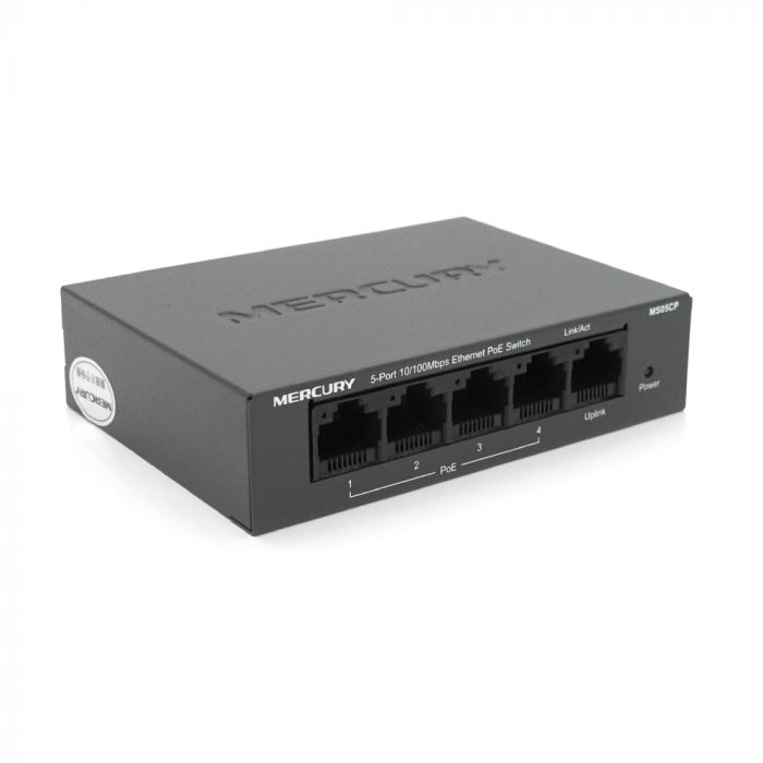
					Комутатор POE 48V Mercury MS05CP 4 портів POE + 1 порт Ethernet (Uplink) 10/100 Мбіт / сек, БП в комплекті