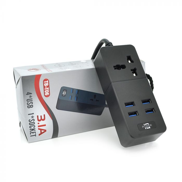 
					Мережевий фільтр ТВ-Т06, 1 розетка + 4 USB, 2 м, перетин 3х0,75мм, 2500W, Black, Box