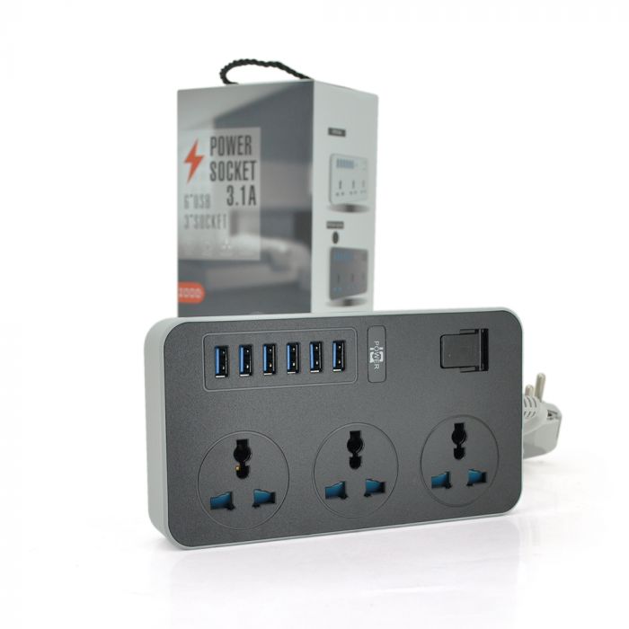 
					Мережевий фільтр ТВ-Т09, 3 розетки + 6 USB, 2 м, перетин 3х0,75мм, 3000W, Black-grey, Box