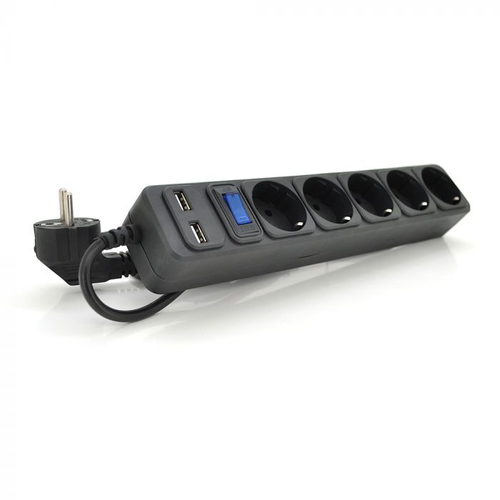 
					Мережевий подовжувач MERLION B518U, 220В 10А,  5 розеток + 2 порти USB 2.1A, 1,8 м, переріз 3х0,75мм, чорний Q50