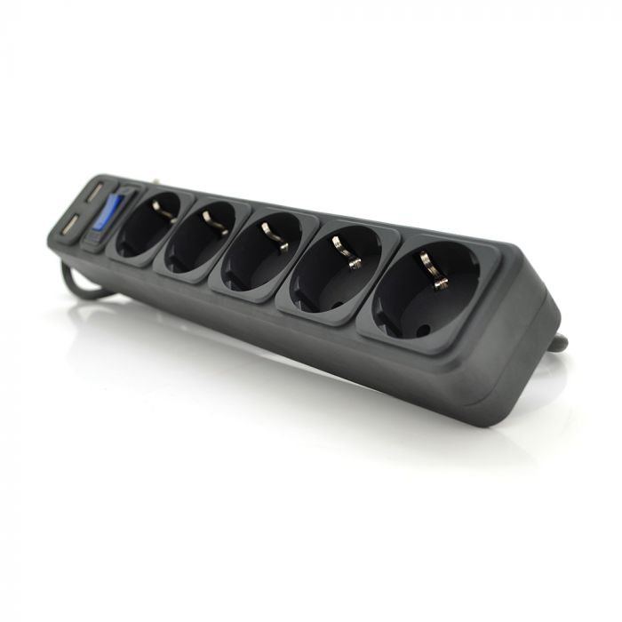 
					Мережевий подовжувач MERLION B518U, 220В 10А,  5 розеток + 2 порти USB 2.1A, 1,8 м, переріз 3х0,75мм, чорний Q50