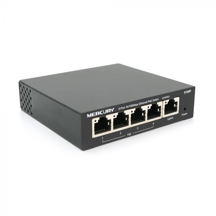 
					Комутатор POE 48V Mercury S105P 48V 5 портів Ethernet 10/100 Мбіт / сек, БП в комплекті, BOX Q200