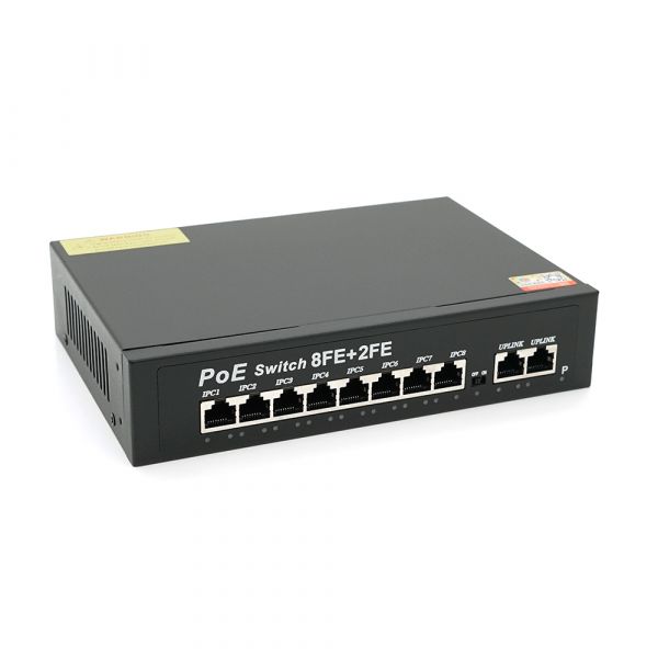 
					Комутатор POE 48V з 8 портами POE + 2 порти Ethernet (UP-Link) 100Мбит, c посиленням сигналу до 250метров, БП вбудований 1,7 кг (270*180*44), Q20
