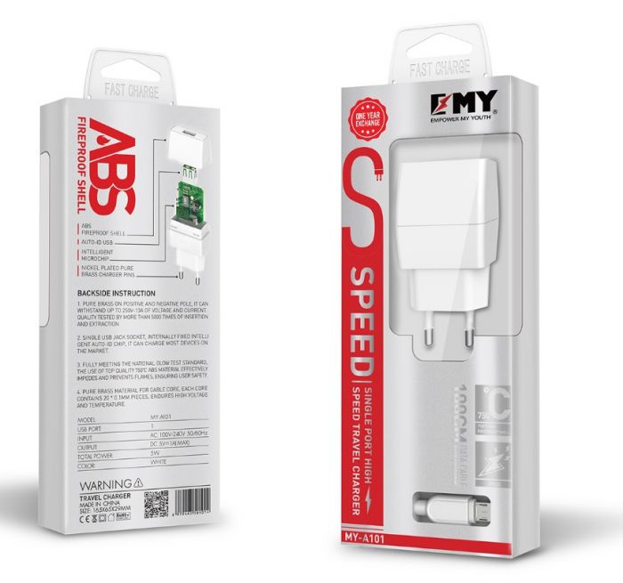 
					Набір 2 в 1 СЗУ With Micro-Usb Cable 110-240V MY-A101, 1 x USB, 5V / 5W, Output: 5V / 1A, White, Blister- box, Q25
