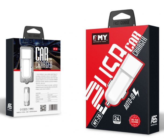 
					Набір 2 в 1 АЗУ With Micro-Usb Cable DC12-24V MY-20, 1 x USB, 5V / 12W, Output: 5V / 2.4A, White, Blister- box, Q25