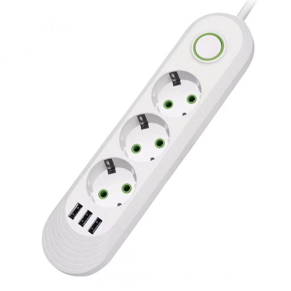 
					Мережевий фільтр F03U, 3 розетки EU + 3 USB, 1.5 м, перетин 3х0, 75мм, 2500W, White, Box