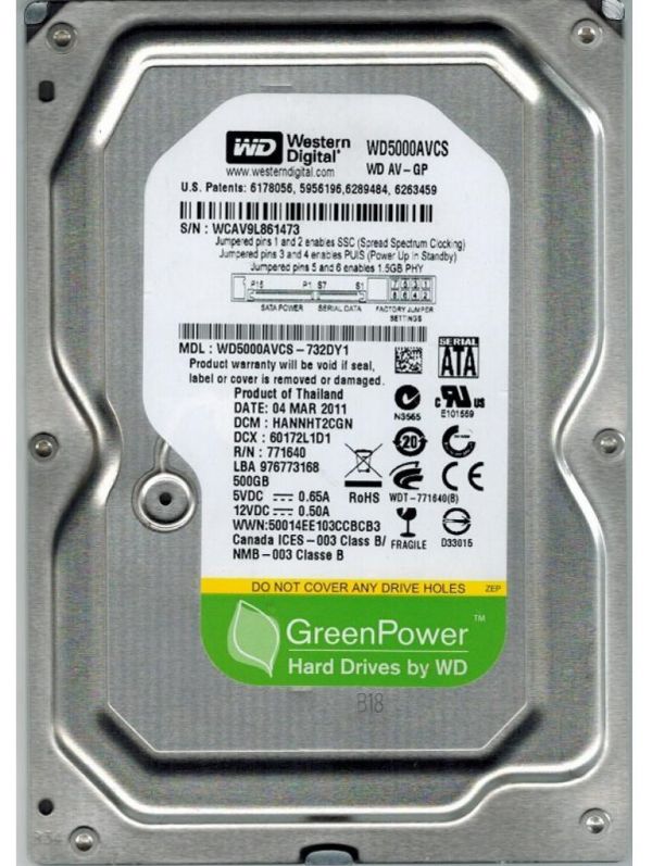 Накопичувач HDD SATA  500GB WD AV-GP 5400rpm 16MB (WD5000AVCS) Refurbished