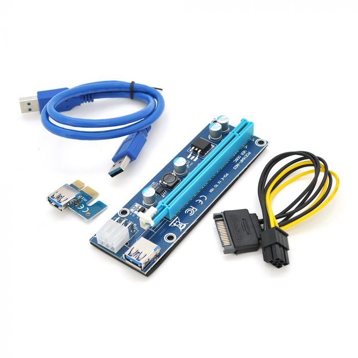 
					Riser PCI-EX, x1=>x16, 6-pin, SATA=>6Pin, USB 3.0 AM-AM 0,6 м (синій) , конденсатори 270, Пакет