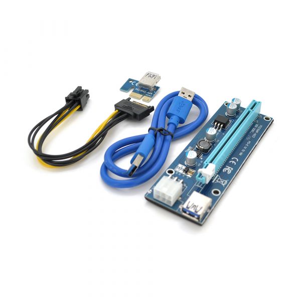 
					Riser PCI-EX, x1=>x16, 6-pin, SATA=>6Pin, USB 3.0 AM-AM 0,6 м (синій), конденсатори FP5K, Пакет