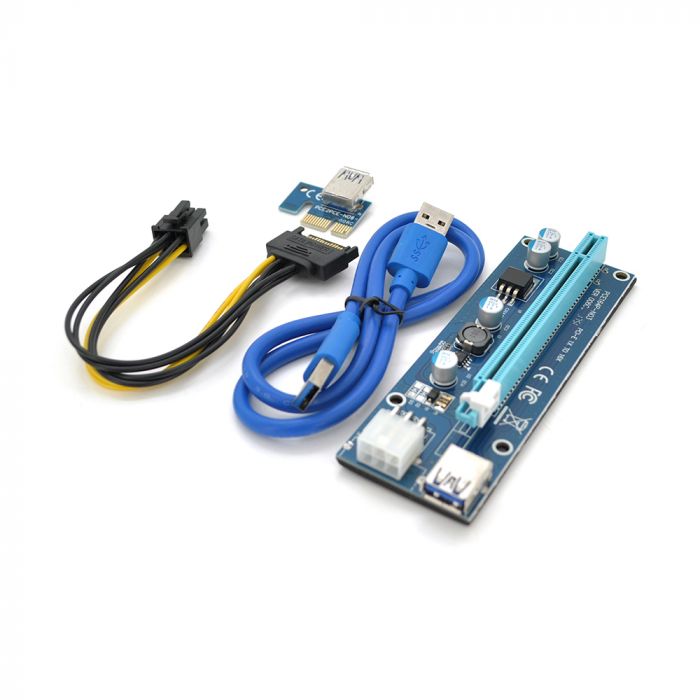 
					Riser PCI-EX, x1=>x16, 6-pin, SATA=>6Pin, USB 3.0 AM-AM 0,6 м (синій), конденсатори FP5K, Пакет