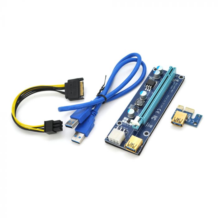 
					Riser PCI-EX, x1 => x16, 6-pin, SATA => 6Pin, USB 3.0 AM-AM 0,6 м (синій), конденсатори 270, Пакет