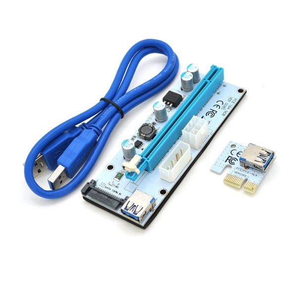 
					Riser PCI-EX, x1 => x16, 4-pin / 6-pin / Sata, USB 3.0 AM-AM 0,6 м (синій), конденсатори 270, White, Пакет
