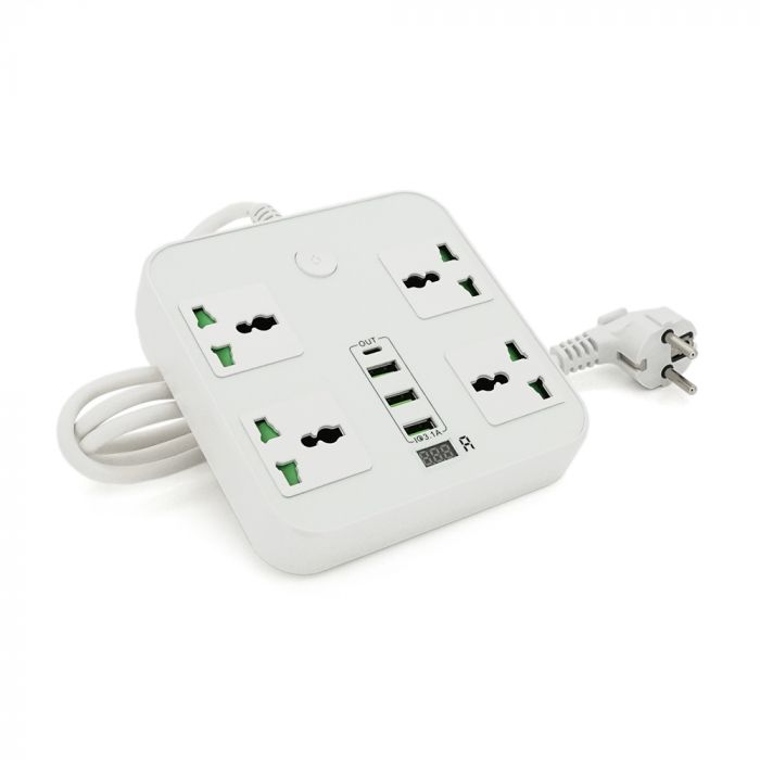 
					Мережевий фільтр ТВ-Т90, 4 розетки + 3 USB, 2 м, перетин 3х0, 75мм, 3000W, White, Box