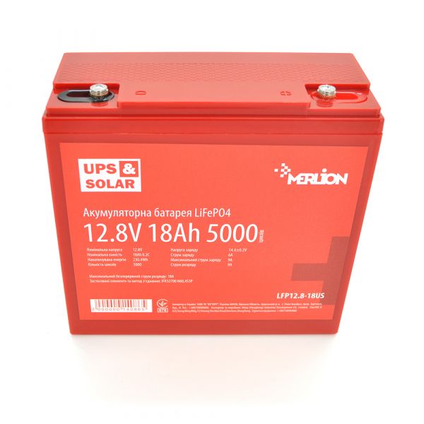 
					Літій-залізо-фосфатний акумулятор Merlion LiFePO4 12.8V 18AH (181x77x168) for UPS, 3000 циклів
