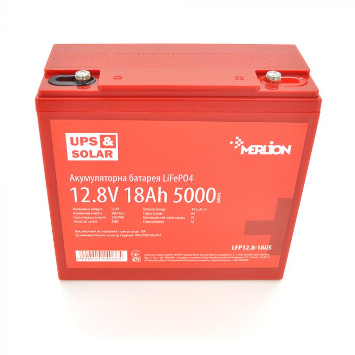
					Літій-залізо-фосфатний акумулятор Merlion LiFePO4 12.8V 18AH (181x77x168) for UPS, 3000 циклів