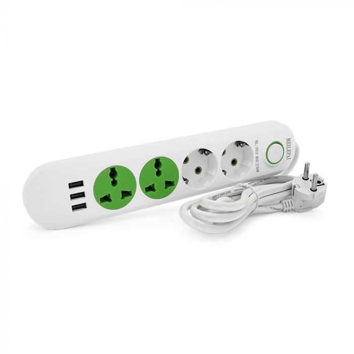 
					Мережевий фільтр F01U, 2 розетки EU + 2 розетки Universal + 3 USB, 1.5 м, перетин 3х0, 75мм, 2500W, White, Box