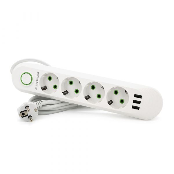 
					Мережевий фільтр F04U, 4 розетки EU + 3 USB, 1.5 м, перетин 3х0, 75мм, 2500W, White, Box