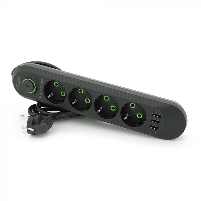 
					Мережевий фільтр F04U, 4 розетки EU + 3 USB, 1.5 м, перетин 3х0, 75мм, 2500W, Black, Box