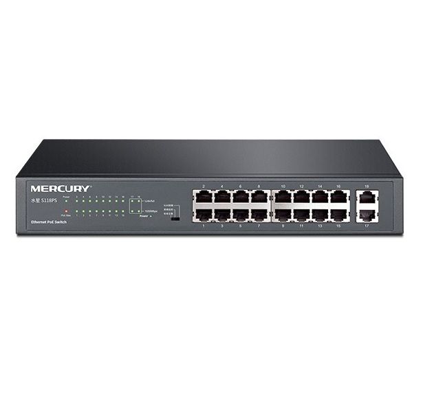 
					Комутатор POE Mercury S118PS 16 портів POE 100Мбит + 2 порт Ethernet (UP-Link) 100 Мбіт, БП вбудований, BOX (294*180*44)