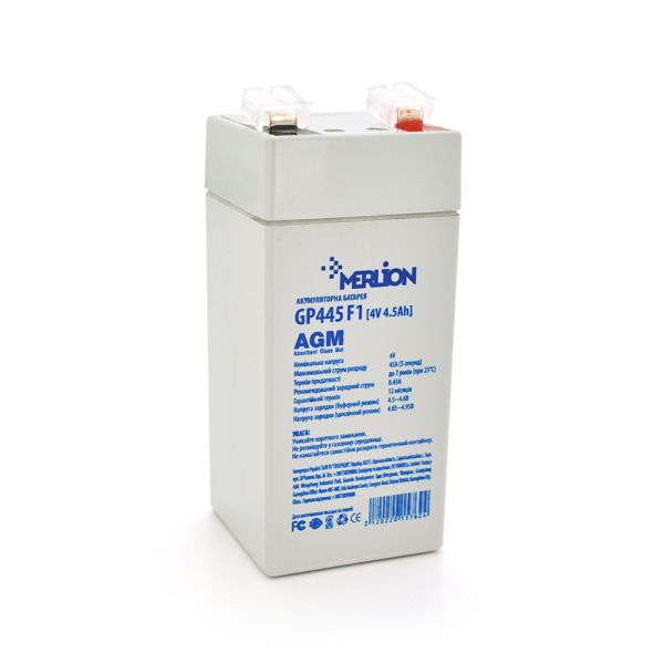 
					Акумуляторна батарея MERLION AGM GP445F1 4 V 4.5 Ah ( 47 x 47 x 100 (105 ) ) Q30