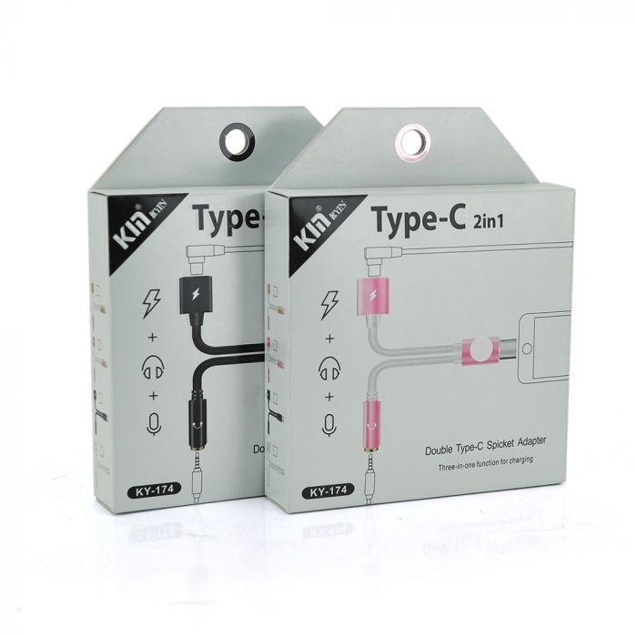 
					Перехідник 2 в 1 KY-174 Type-C(M) =>Type-C(F) + Jack 3.5mm(F), 5см, White/Pink, Box