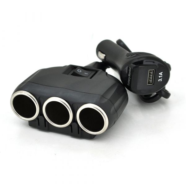 
					АЗП розгалужувач + вольтметр Olesson 1634, 12V-3 * 12V + USB, Black, Blister