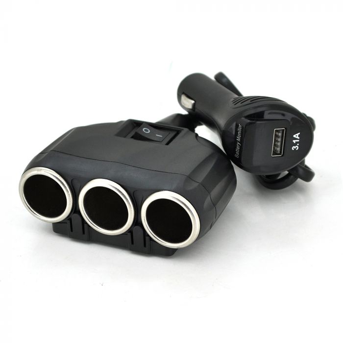 
					АЗП розгалужувач + вольтметр Olesson 1634, 12V-3 * 12V + USB, Black, Blister