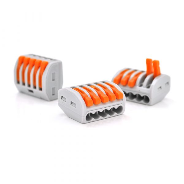 
					Клема з нажимними зажимами 5-дротова WAGO K222-415 для розподільних коробок, 5-pin, сіро-помаранчева