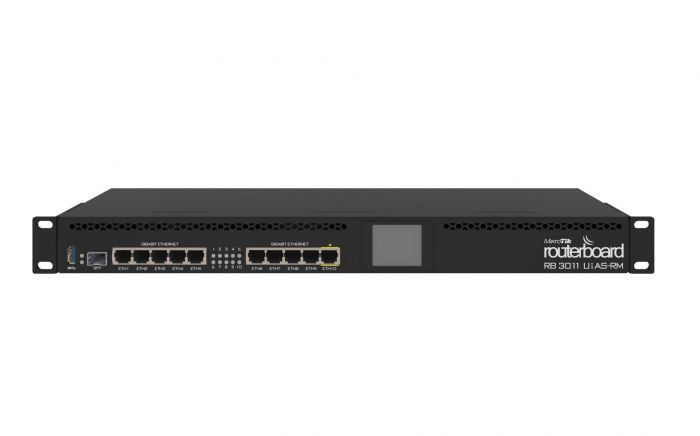 Маршрутизатор MikroTik RB3011UiAS-RM (1xSFP cage, 10xGLAN, PoE in/1*out, CPU 1,4Ghz, 1GB RAM, USB3.0 port, LCD panel, RouterOS L5, 1U rackmount case)
