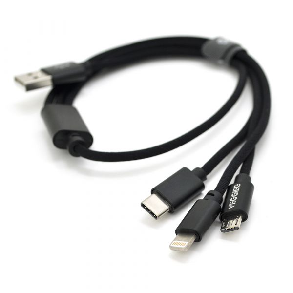 
					Кабель VEGGIEG U3B-0.5 3 in 1 Micro / Iphone / Type-C, 2.4A, довжина 0,5 м, Black, Box