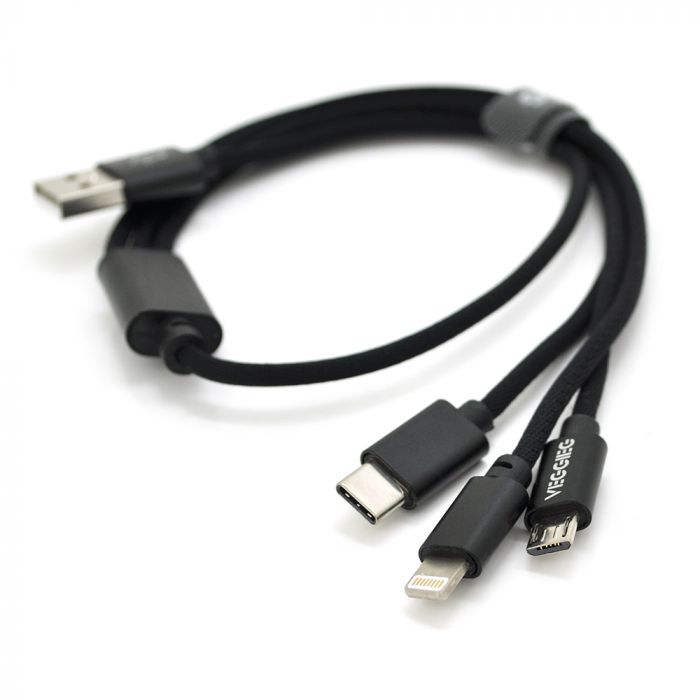 
					Кабель VEGGIEG U3B-0.5 3 in 1 Micro / Iphone / Type-C, 2.4A, довжина 0,5 м, Black, Box
