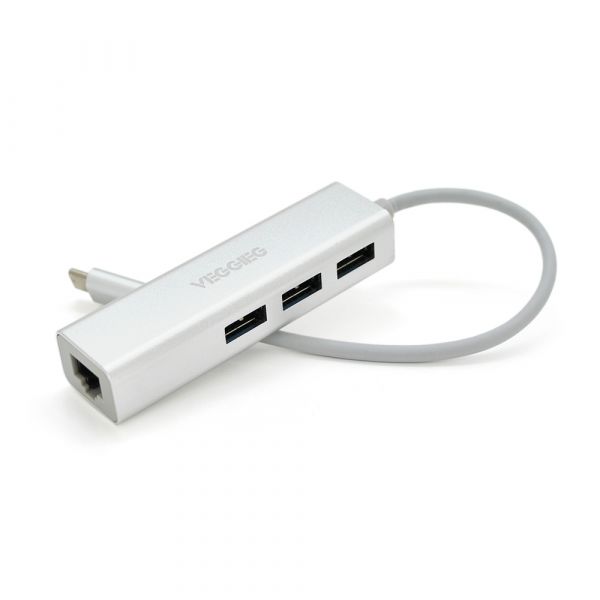 
					Контролер Type-C to Ethernet VEGGIEG U3J-3C-S - Сетевой адаптер 100 / 1000Mbps з проводом + 3 порта USB3.0, White, Metal, Blister-Box