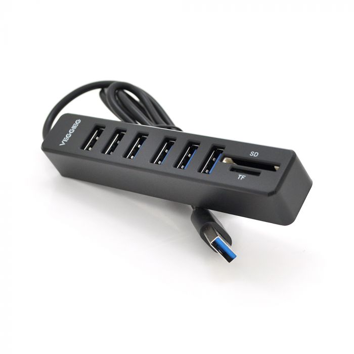 
					Хаб-кардрідер універсальний VEGGIEG V-C306, USB2.0 8in1 card reader （SD+TF+6*USB), Black,Blister-Box