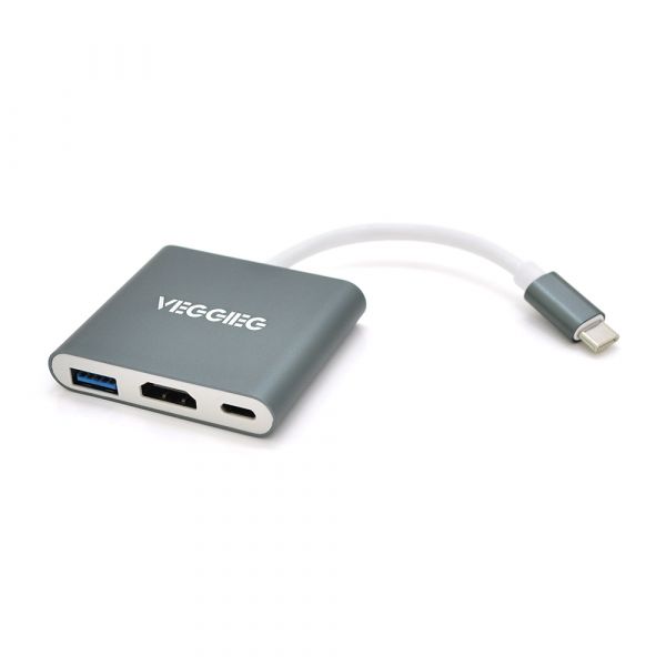 
					Хаб-конвертор VEGGIEG TC03 Type-C (тато) на Type-C (мама) + USB3.0(мама) + HDMI (мама), 10 см, Silver, Box