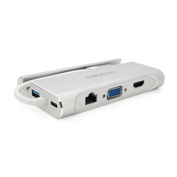 
					Хаб-конвертор VEGGIEG TC07-S Type-C (тато) на Type-C (мама) + USB3.0 * 3 (мама) + HDMI (мама) + SD/TF, 10см, Silver, Box