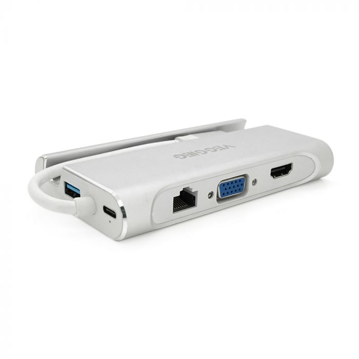 
					Хаб-конвертор VEGGIEG TC07-S Type-C (тато) на Type-C (мама) + USB3.0 * 3 (мама) + HDMI (мама) + SD/TF, 10см, Silver, Box