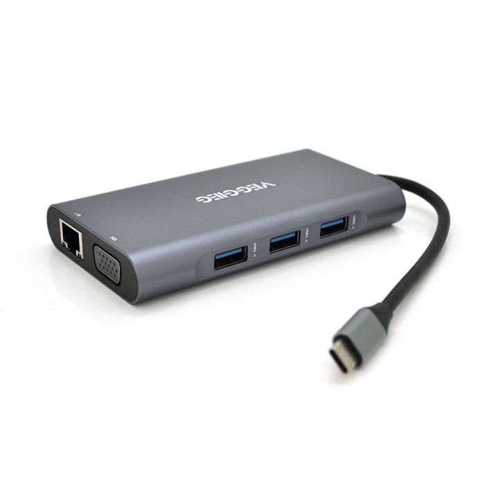 
					Хаб-конвертор VEGGIEG TC10-U Type-C (тато) на Type-C (мама) + USB3.0 * 3 (мама) + HDMI (мама) + VGA (мама) + SD / TF + RJ45, 10 см, Silver, Box