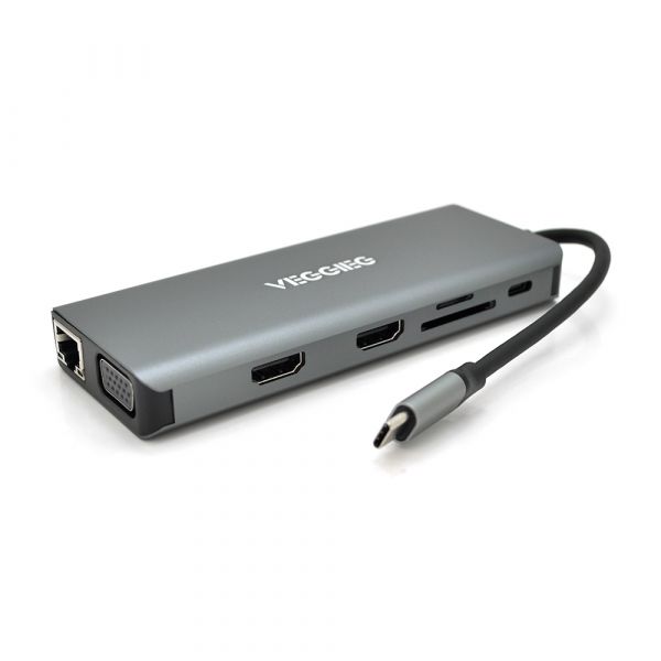 
					Хаб-конвертор VEGGIEG TC12 Type-C (тато) на Type-C (мама) + USB3.0*4(мама) + HDMI*2(мама) + VGA(мама) + SD/TF + RJ45, 10 см, Silver, Box
