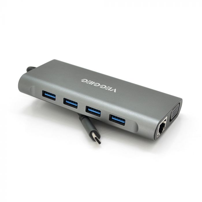 
					Хаб-конвертор VEGGIEG TC11-S Type-C (тато) на Type-C(мама) + USB3.0*3(мама) + HDMI(мама) + jack3.5(мама) + SD/TF + RJ45, 10 см, Silver, Box