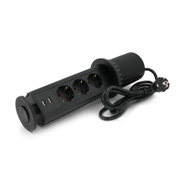 
					Мережевий фільтр вбудований в столешнішцу, 3 Розетки + 2 USB, перетин 3х0,75мм, 16А, 250V, 2 м, Black, круглий, діаметр 80мм, Box