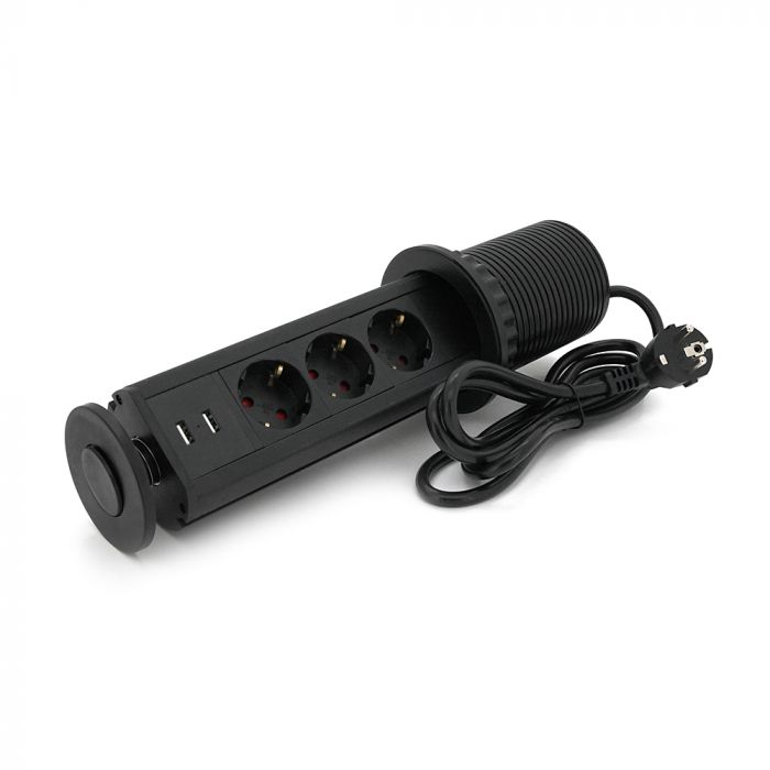 
					Мережевий фільтр вбудований в столешнішцу, 3 Розетки + 2 USB, перетин 3х0,75мм, 16А, 250V, 2 м, Black, круглий, діаметр 80мм, Box