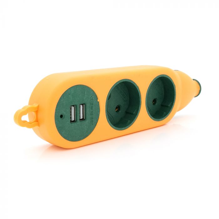 
					Колодка для подовжувача 2 гнізда + 2USB без заземлення 16A 220V, Orange, Q100